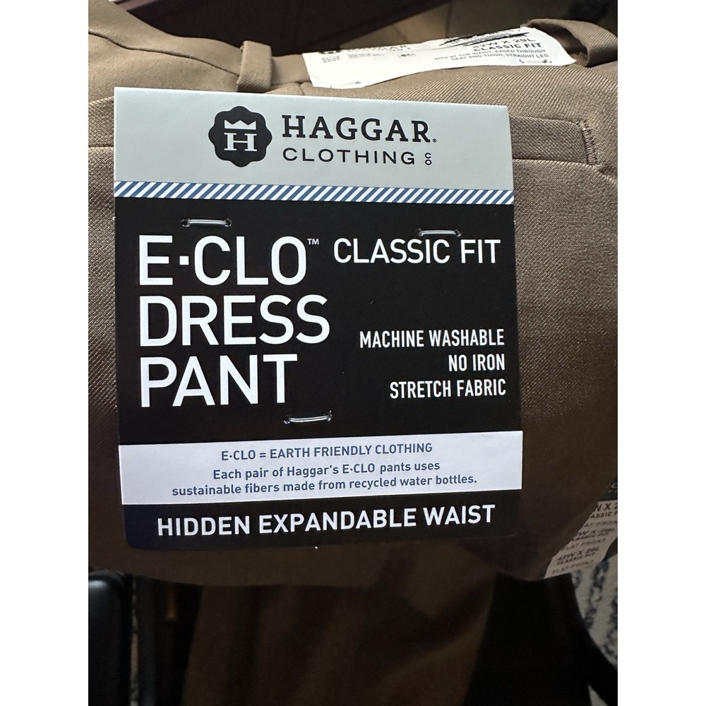 Haggar E-Clo Stria Pants Dress Mens 42x29 Beige Classic Fit‎ Flex Waistband NEW